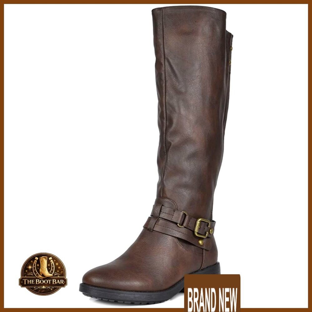 Knee High Riding Boots Buckle Strap Faux Fur Lined Chic Moto Style